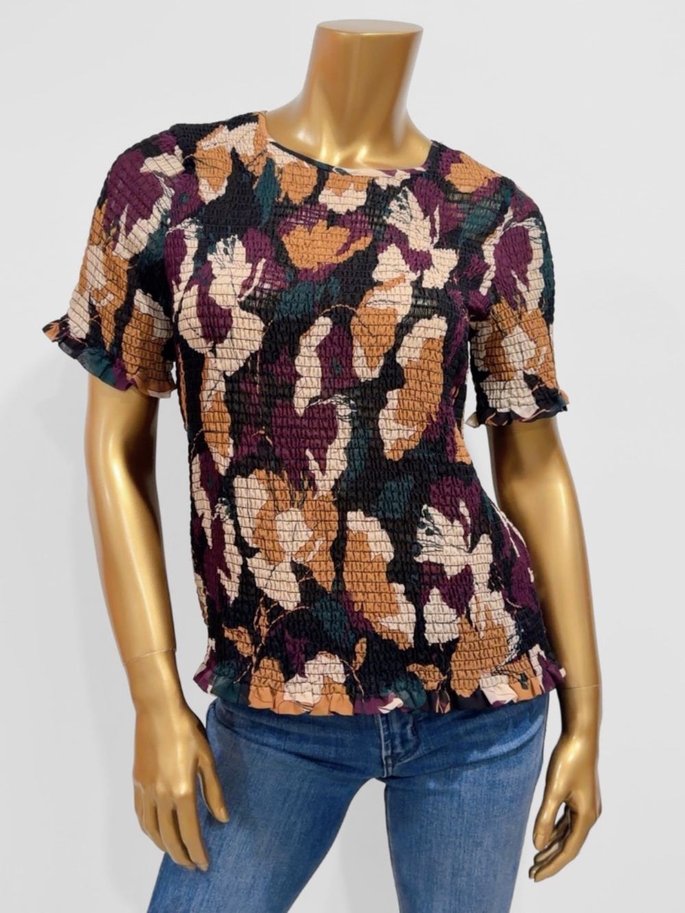 Calvin Klein Women's Multicolor Stretch Smocked Floral Short Sleeve Top Size M